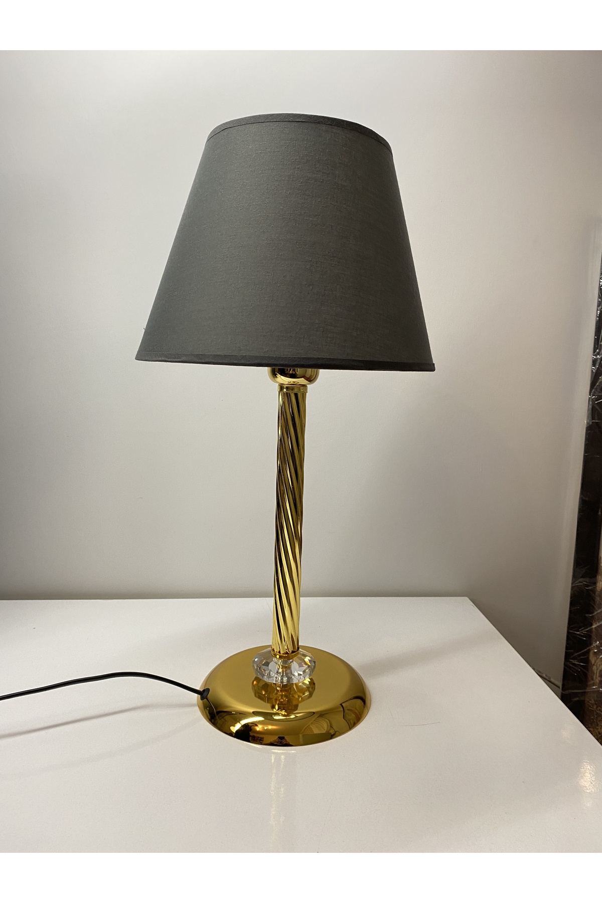 Table Lamp with Mette Twist Lampshade crystal detail, Stol lamp, Gold lampshade