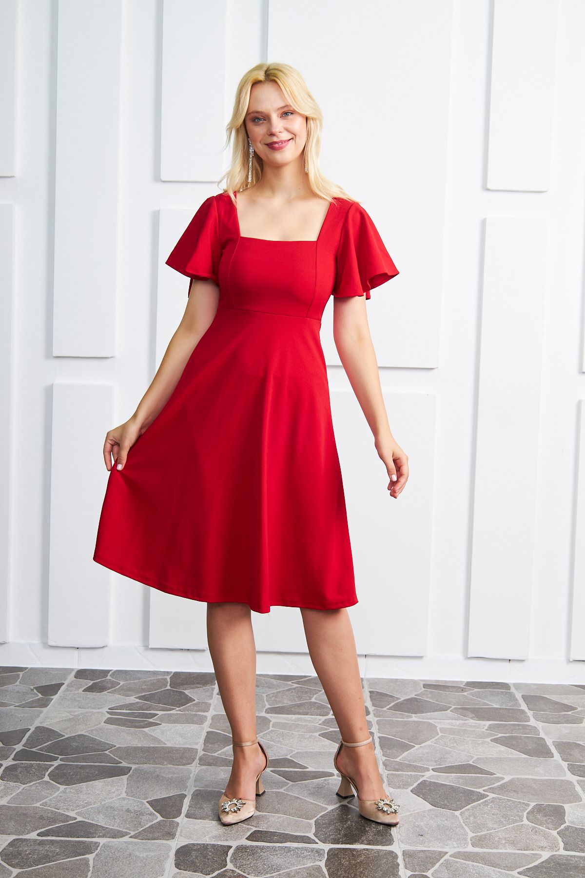 Square neck red midi dress top