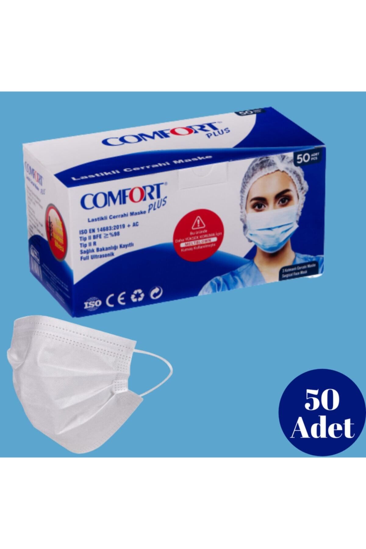 Comfort Plus 3 Katlı Cerrahi Maske Full Ultrasonic Meltblown Filitreli Telli Maske (50li Paket)
