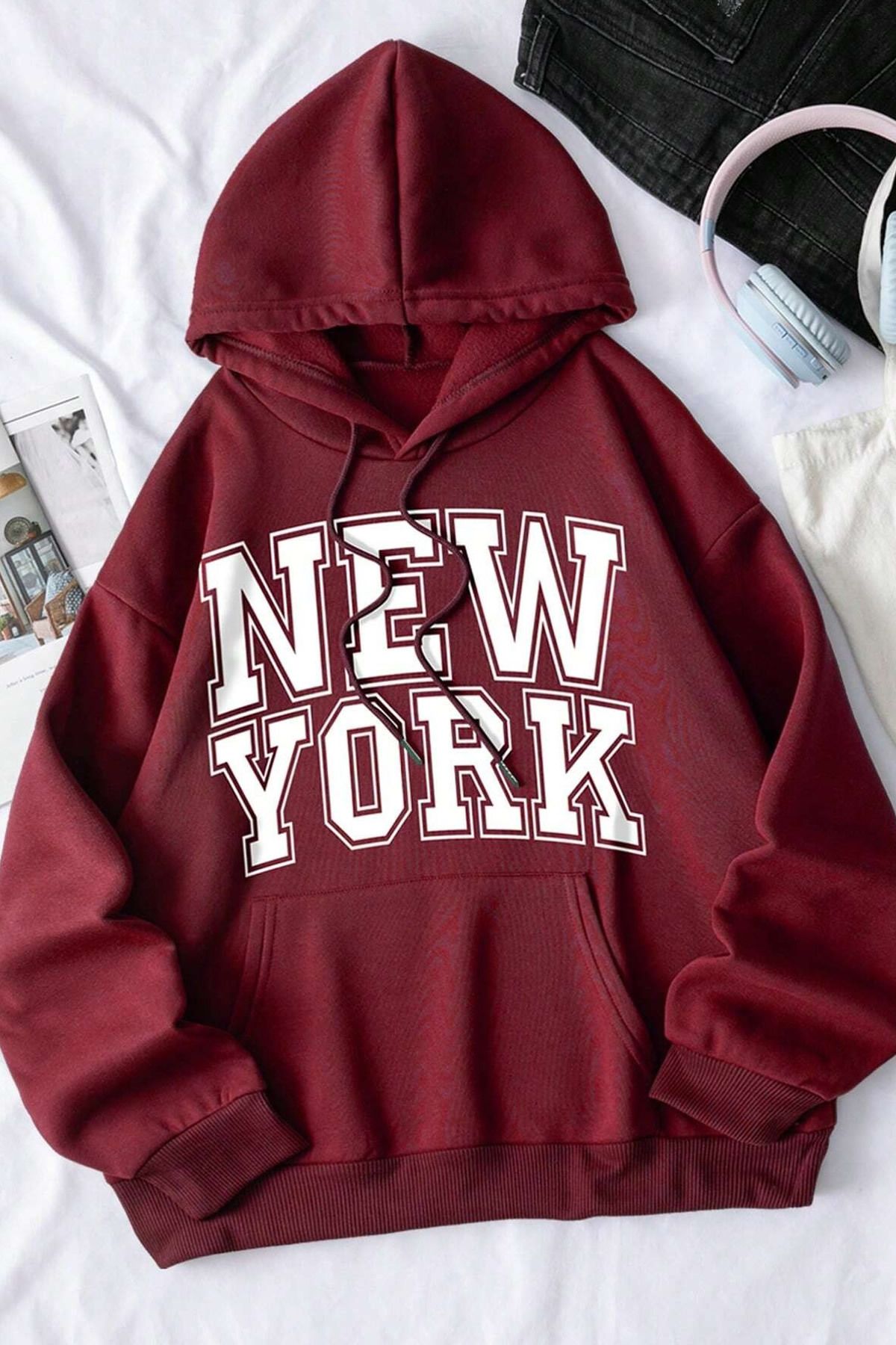 MODAGEN-Φούτερ Unisex Claret Red New York με στάμπα με κουκούλα 3 κλωστών 1