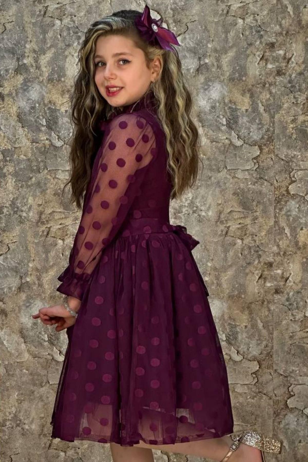 Riccotarz-Girl's Purple Dress with Transparent Sleeves, Polka Dots and Sash Detail 2