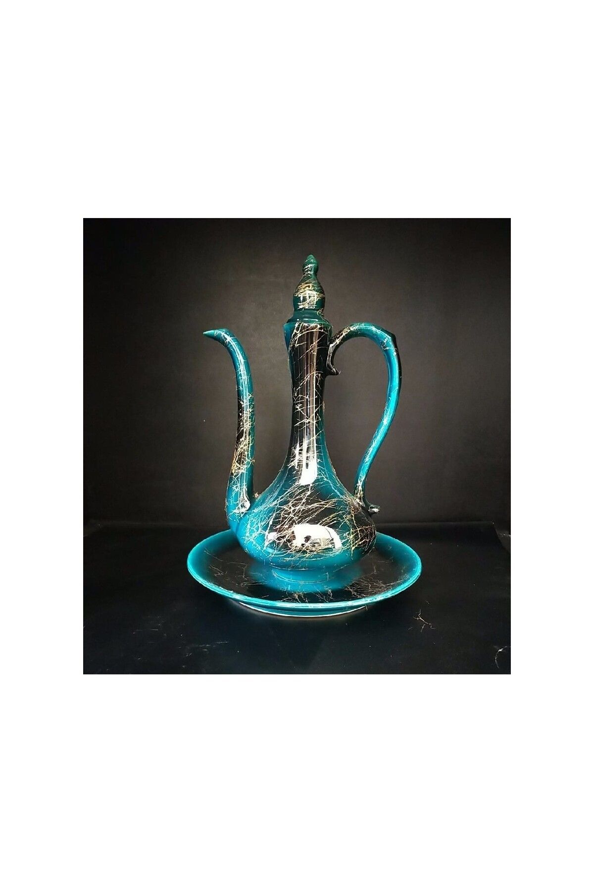 El Yapımı Büyük Boy Çini Ibrik (TABAKLI) Yaldız Işlemeli Yeşil Turkuaz Renk Ibrik Boy 25 Cm