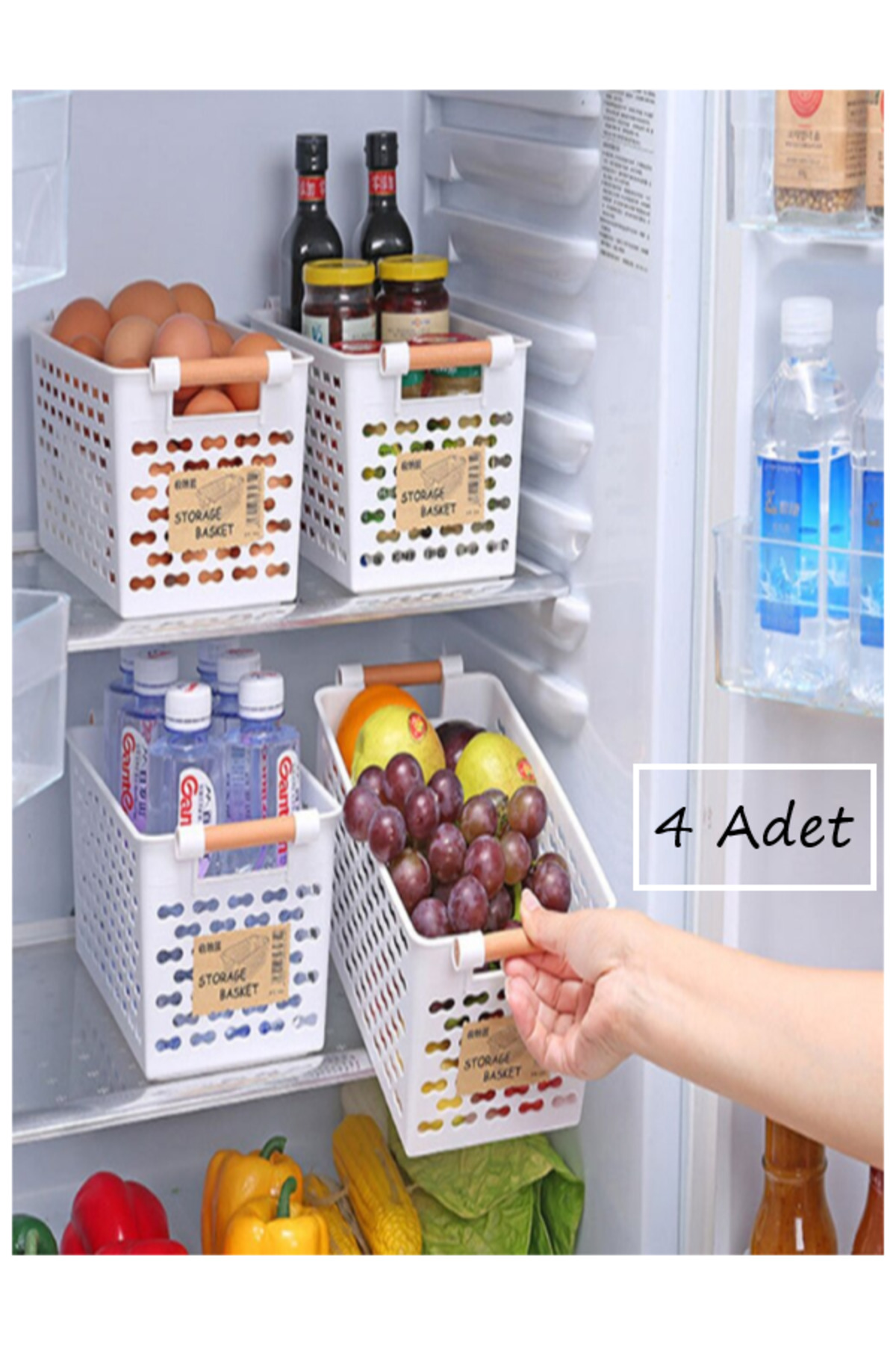 Bayev 4 Adet Beyaz Ahşap Renk Saplı Buzdolabı Mutfak Düzenleyici Banyo Düzenleyici Organizer Sepet