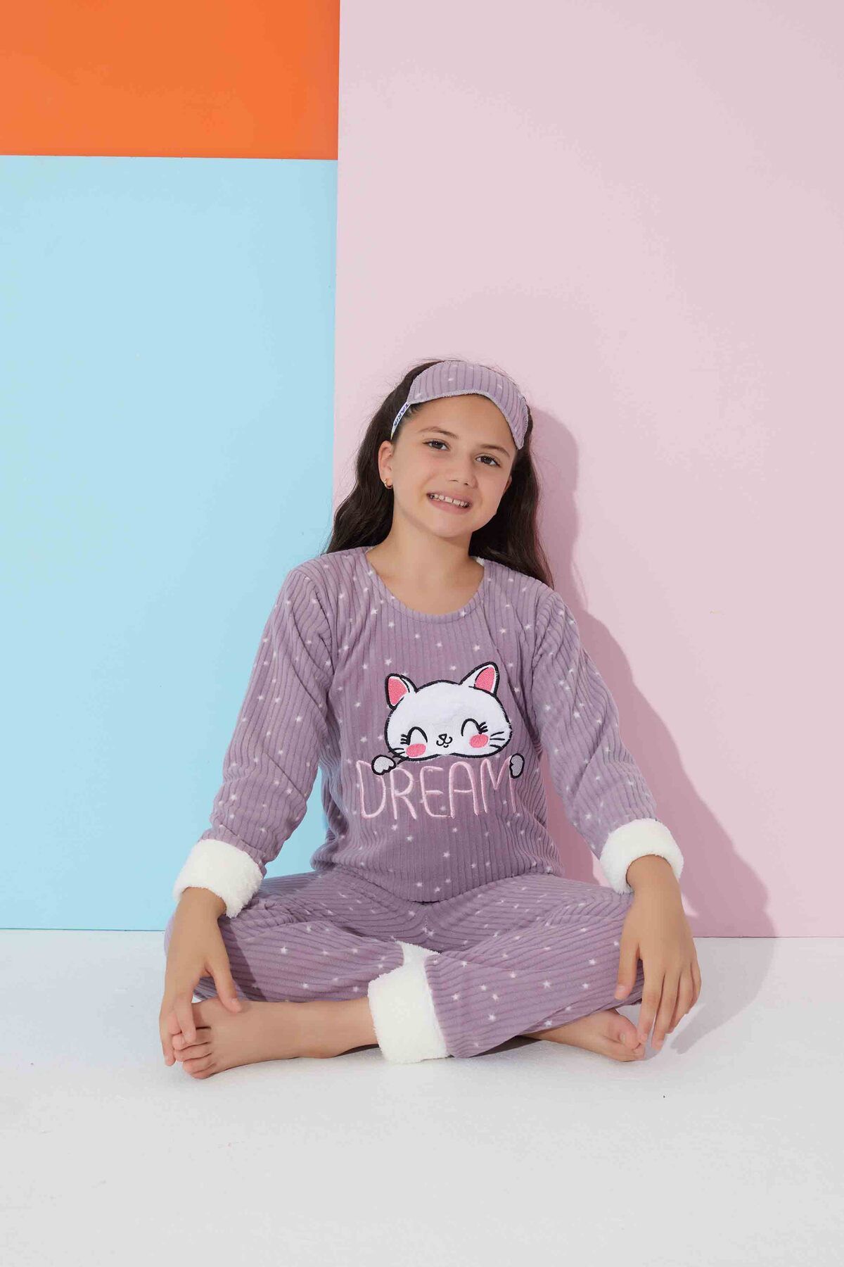 Meba Girl Child Gez Boy Dream Cat Plush Polar Pajama Set with