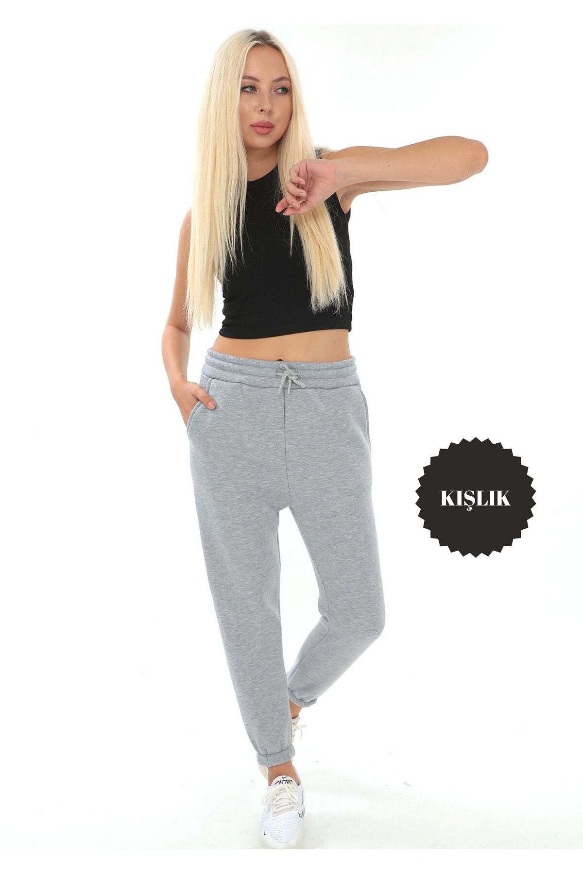 BANEGA Women s Gray Thick Winter Fleece High Waist Basic Jogger