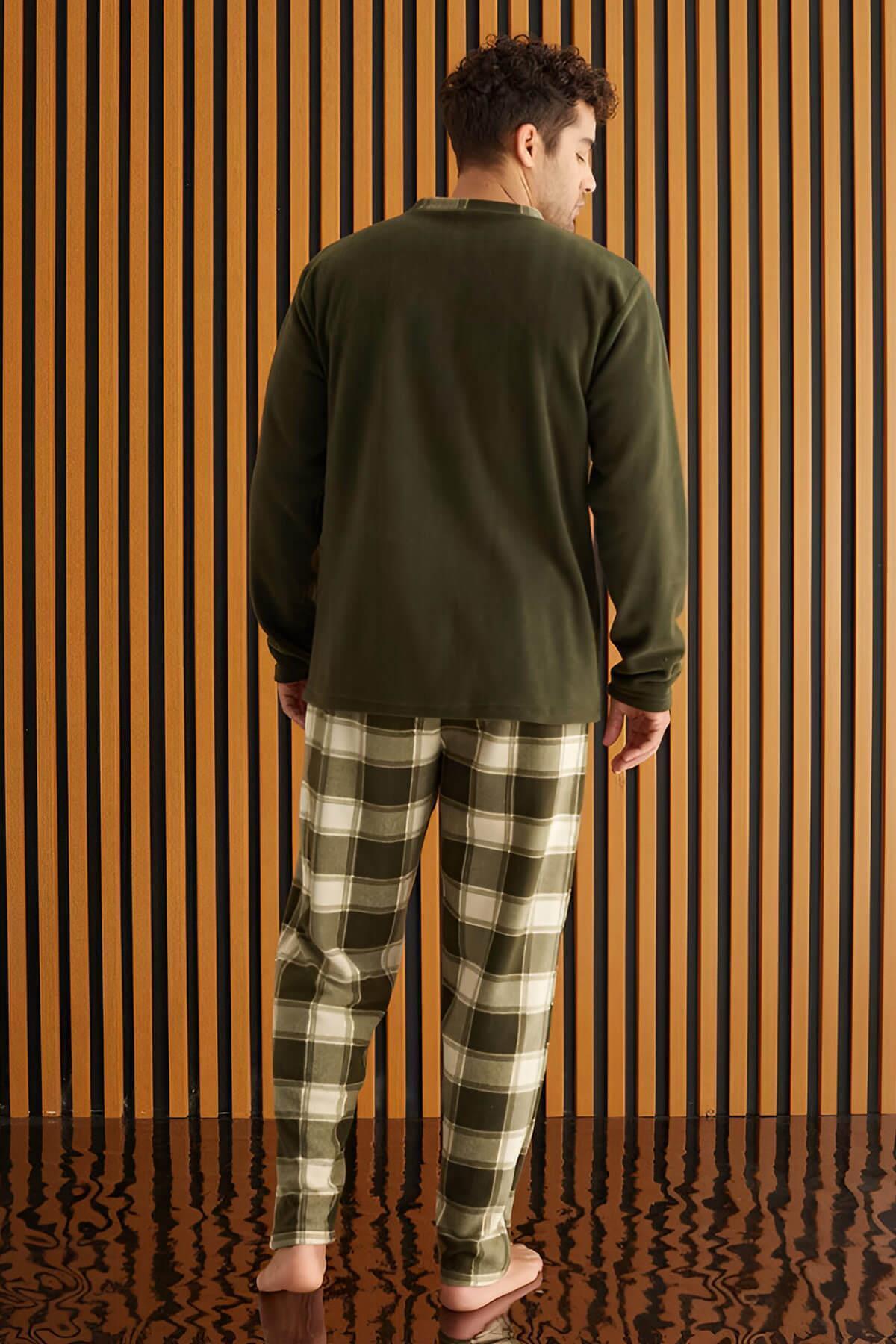 Pijamaevi Haki Krem Ekose Desenli Polar Erkek Pijama Takımı görsel 3