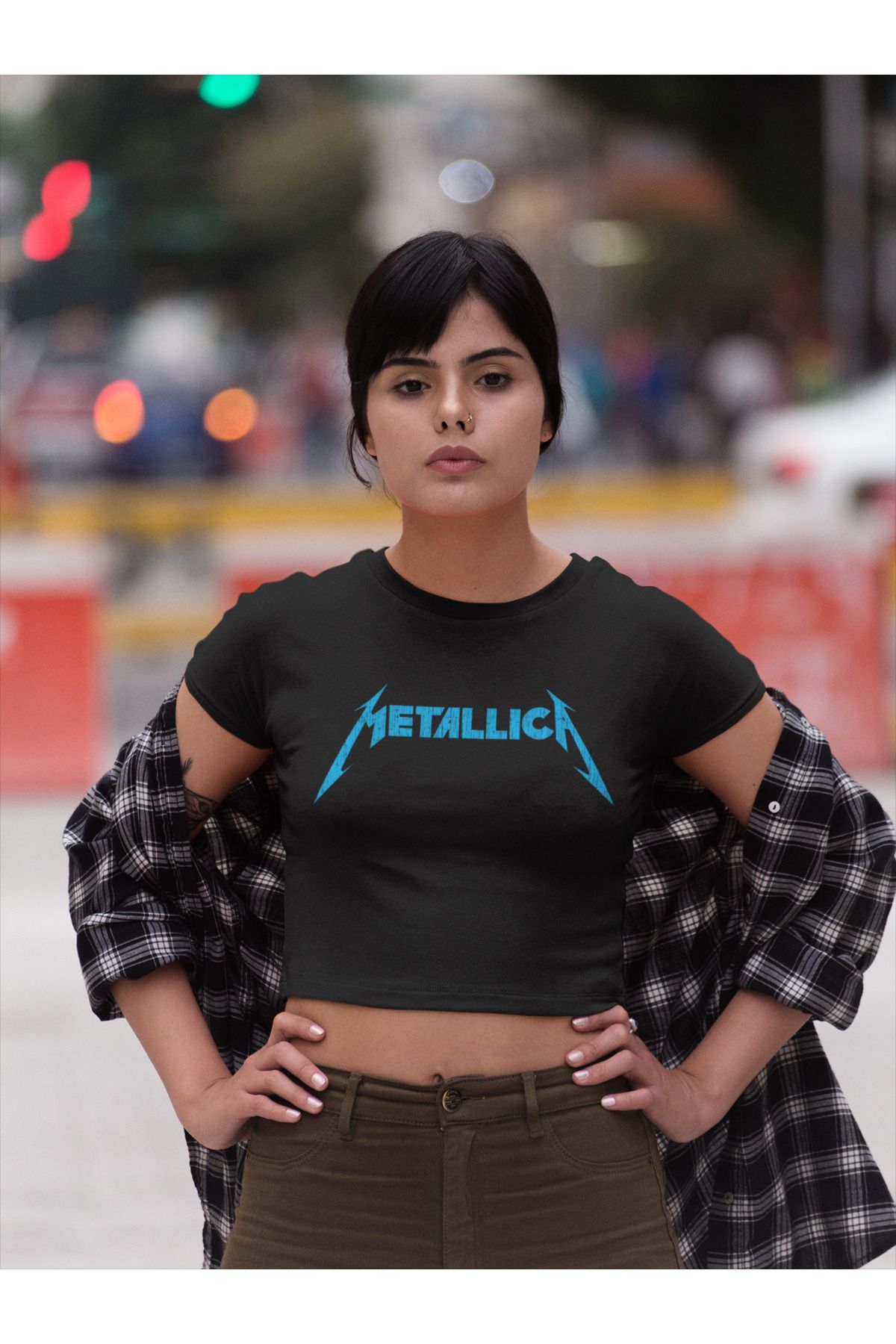 Fuddy Moda Blue Metallica Written Crop Top Metallica Printed