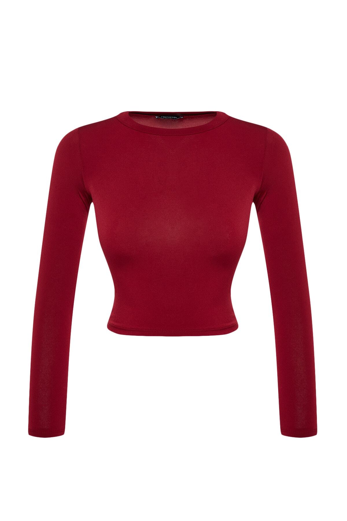 Trendyolmilla  Bordo Dik Yaka Fitted/Vücuda Oturan Uzun Kol Büzgülü Esnek Örme Bluz TWOAW23EL01391 - Görsel 7