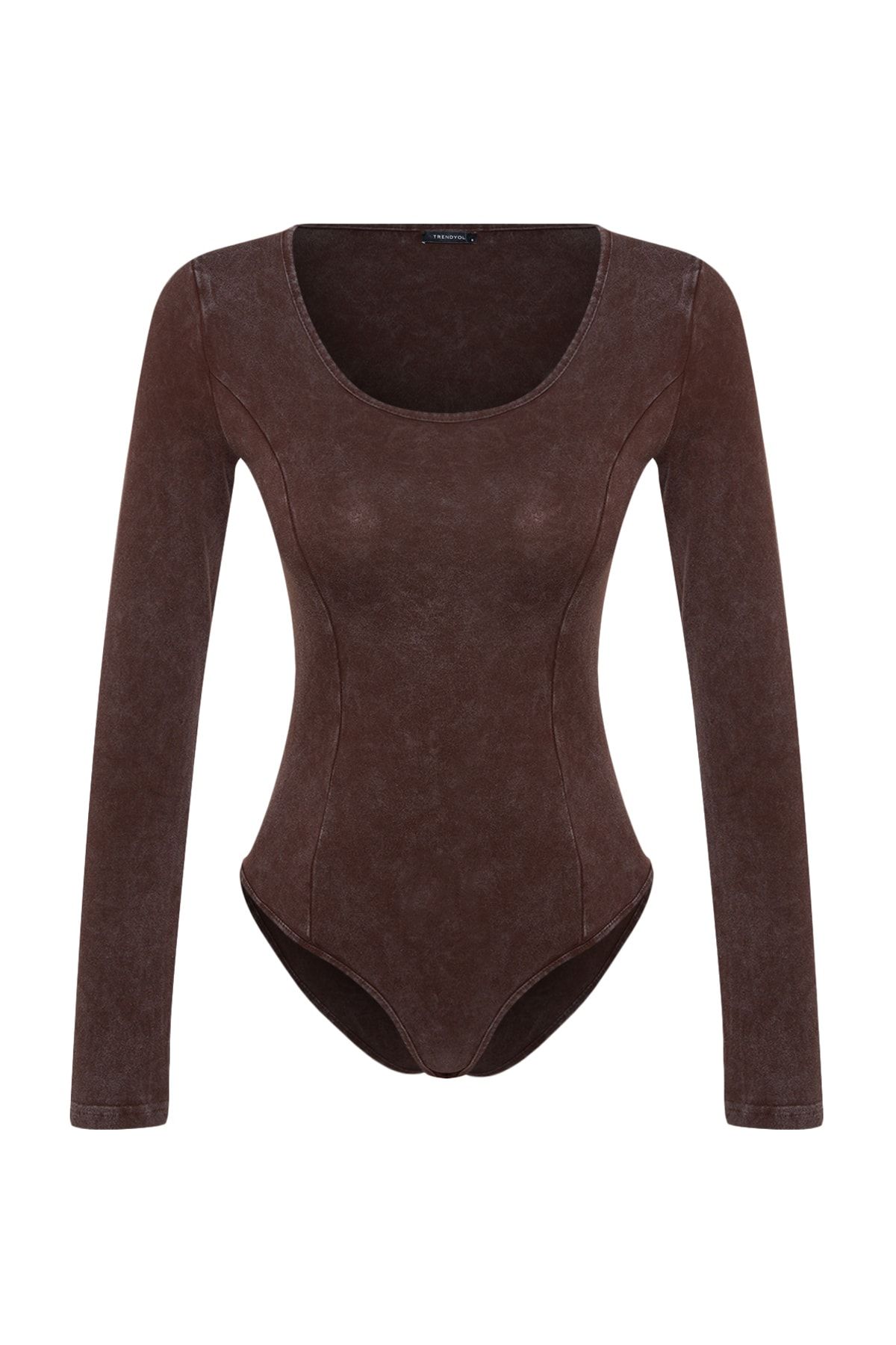 Trendyol Collection-Barna antik/sápadt hatású pamut hosszú ujjú, sztreccs, kötött test test TWOAW24BD00044 7
