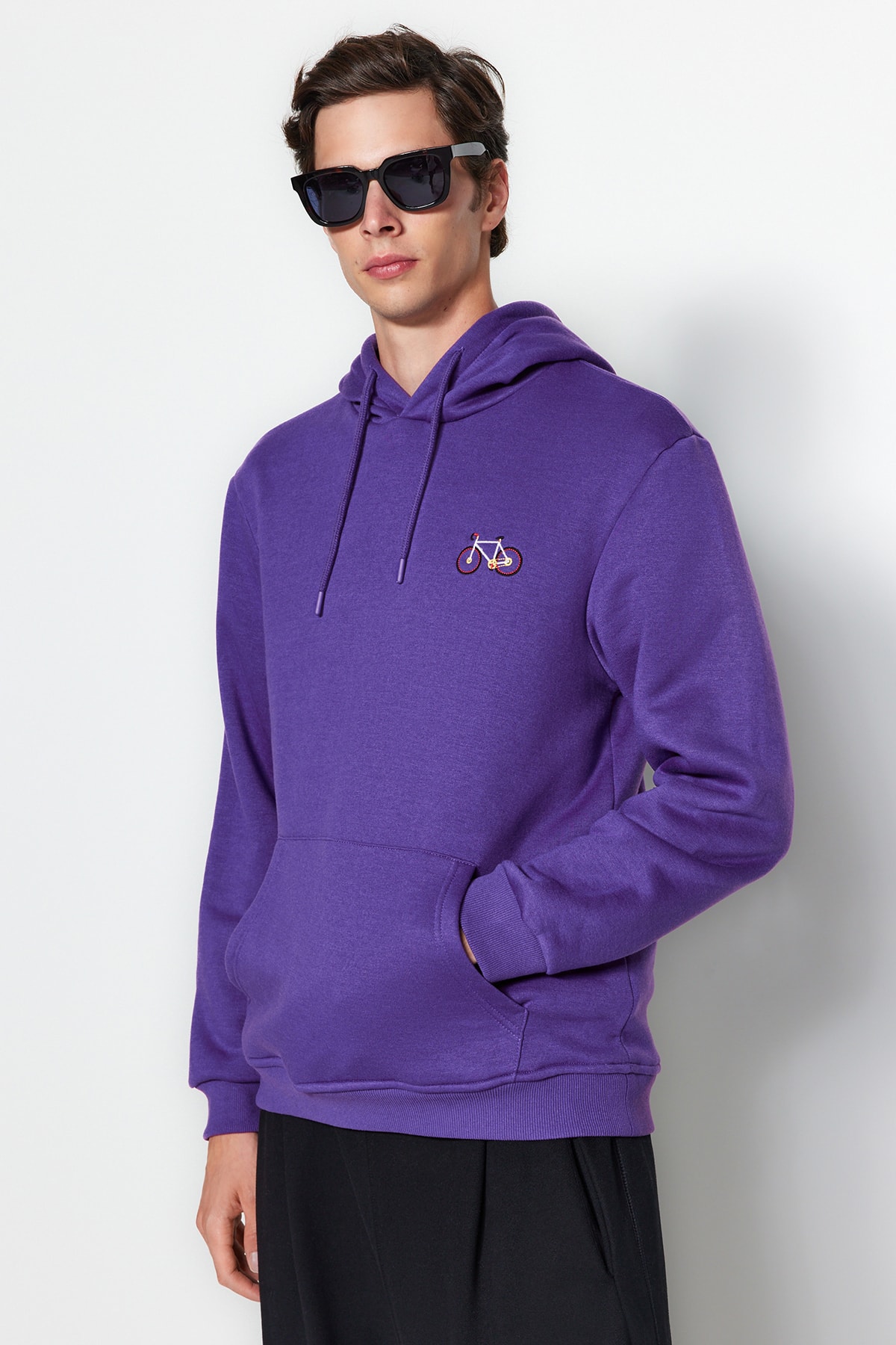  Trendyolmilla Man Mor Regular/Normal Kesim Minimal Nak??l? ?çi Polar/S?cak Tutan Pamuk Sweatshirt