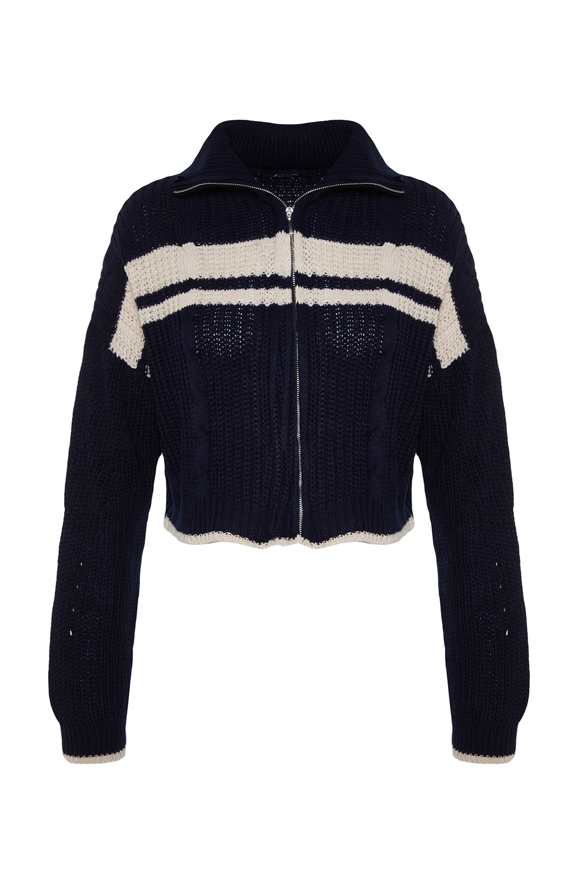 Trendyolmilla  Lacivert Crop Renk Bloklu Dik Yaka Triko Hırka TWOAW24HI00238 - Görsel 11