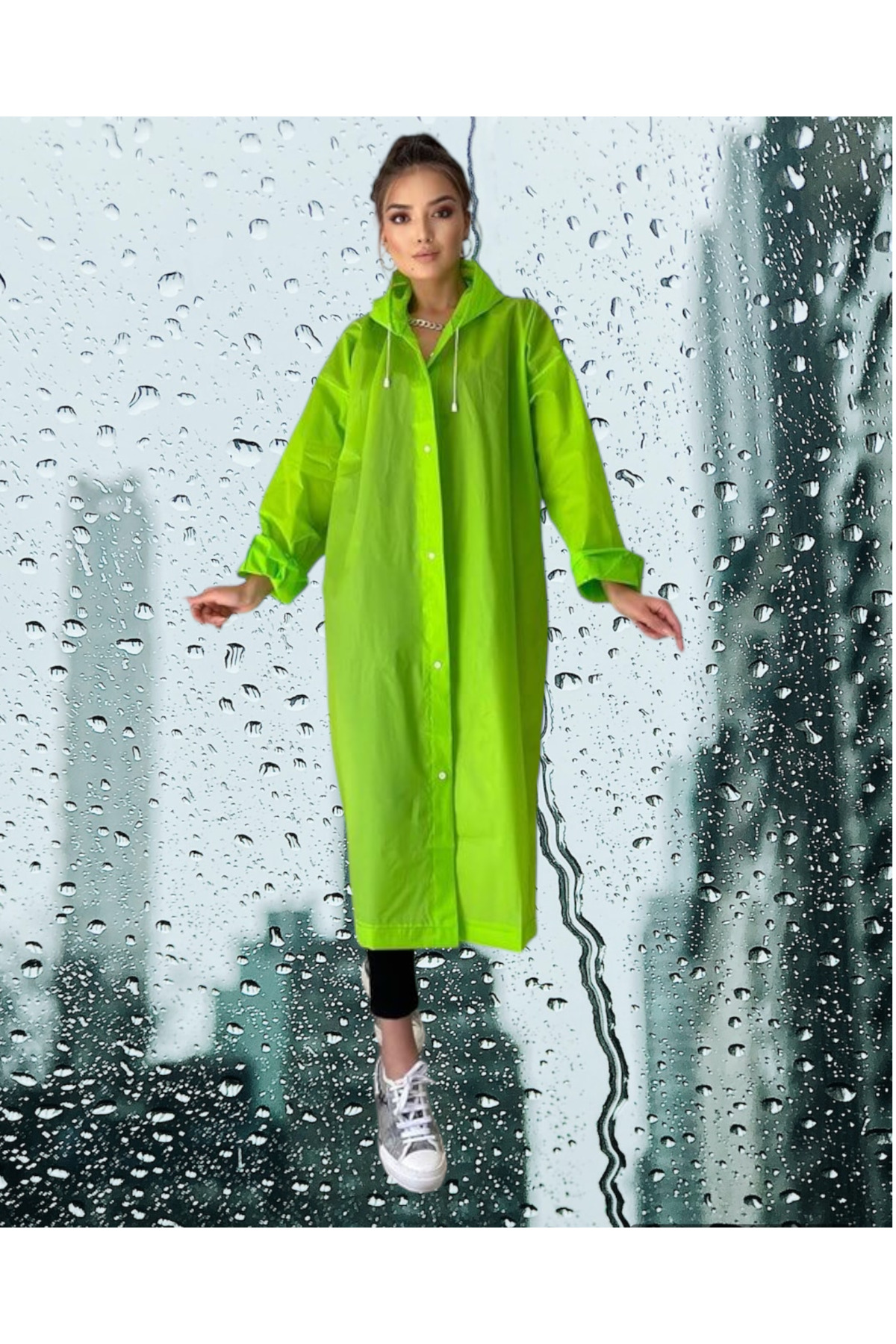 بارانی زنانه و مردانه یونیسکس کلاهدار دکمه ای، بارانی مشکی Eva — سبز unisex.yağmurluk.eva.Kapüşonlu.Çançıtlı — تصویر 3 از 7