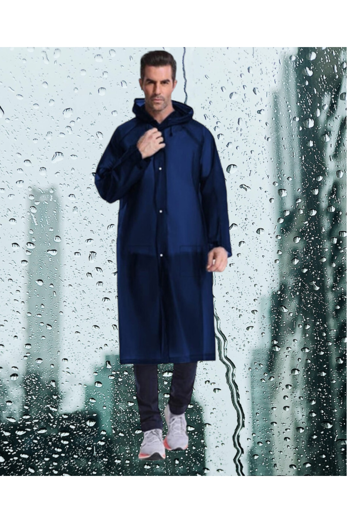Kadın Erkek Unisex Yağmurluk Kapüşonlu Çıtçıtlı Eva Siyah Yağmurluk — سرمه‌ای unisex.yağmurluk.eva.Kapüşonlu.Çıtçıtlı — تصویر 3 از 4