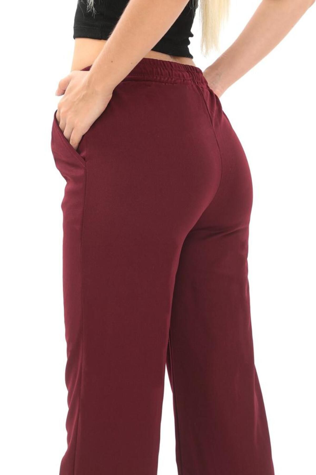 BANEGA Women's Wide Leg Pocket High Waist Striped Honeycomb Pattern Cool  Basic Claret Red Sweatpants - Trendyol