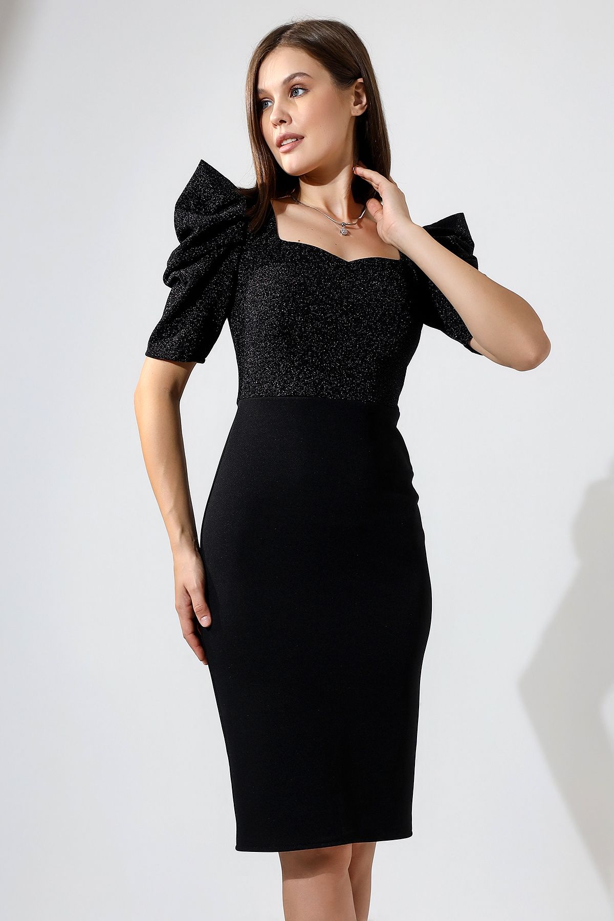 Moda MiraGül-Glittery High Shoulder Detailed Fish Dress 2