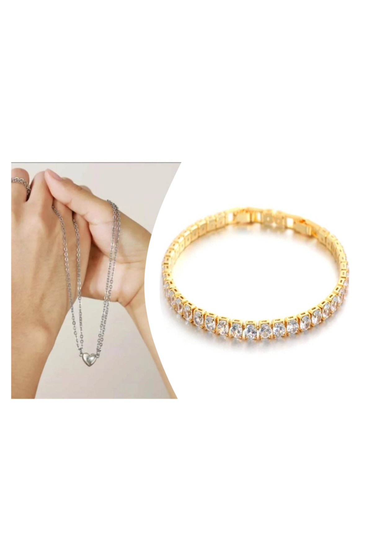 Premium Gümüş Kalpli Mıknatıs Çift Kolye & Bileklik Set