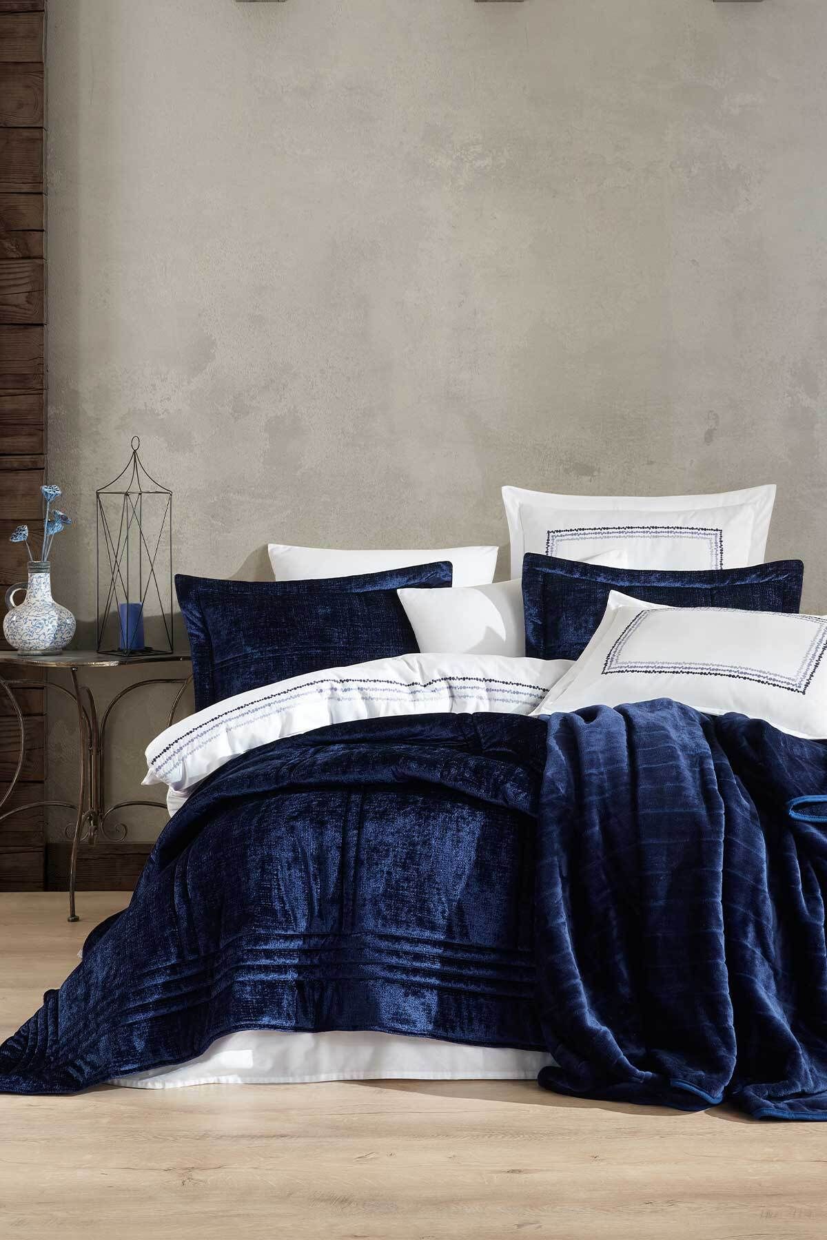 Elart Bedspread Set Double 3 Piece Isabelle Navy Blue Trendyol