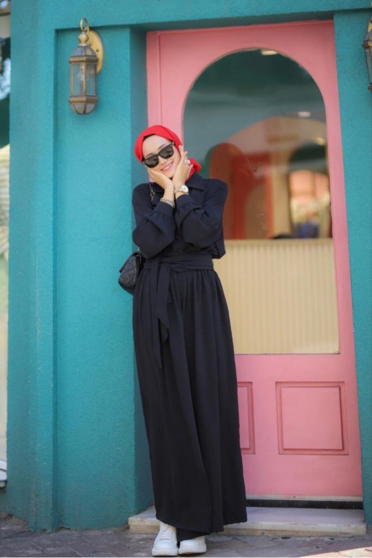 NS Moda-Hijab Jumpsuit Belted, Chest Buttoned Black Model-498 3