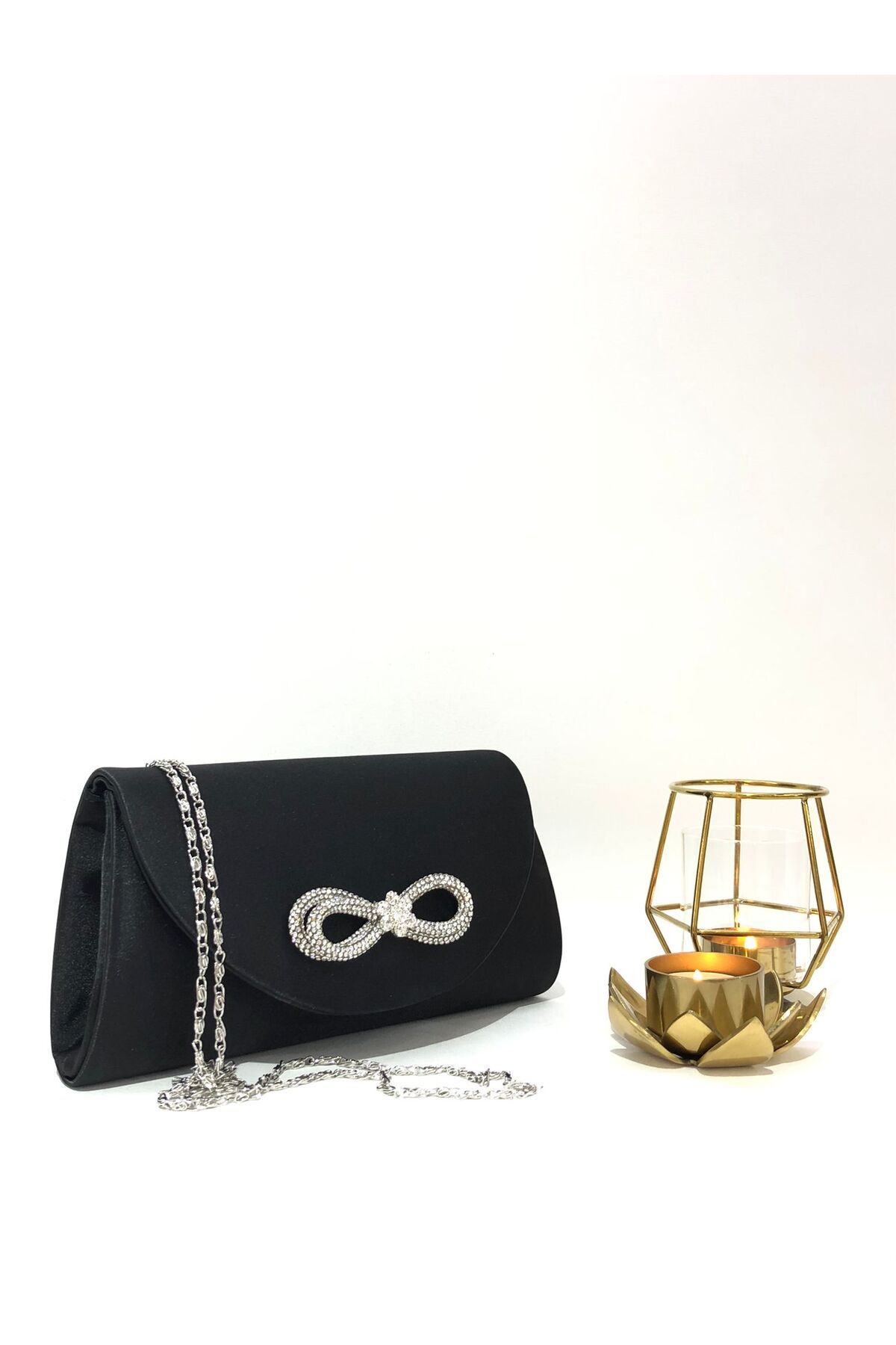 Piedra Black Colored Satin Fabric Evening Dress Bag with Stone