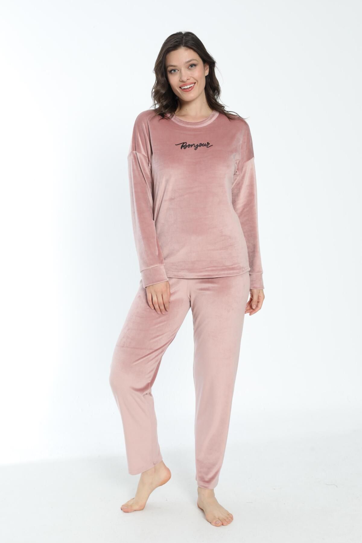 Estiva-Women's Winter Bonjour Written Soft Velvet Pajama Set 3