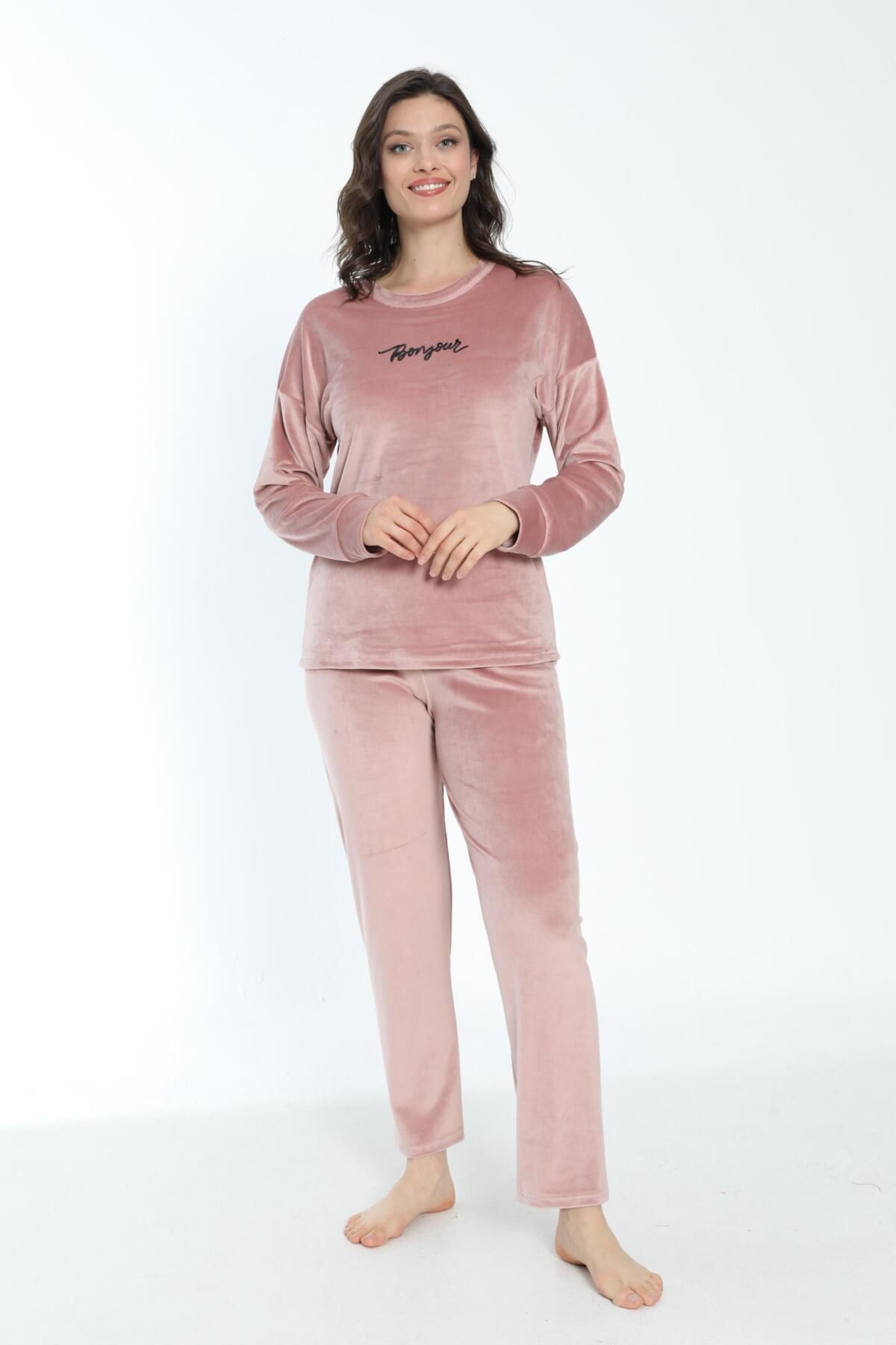 Estiva-Women's Winter Bonjour Written Soft Velvet Pajama Set 2