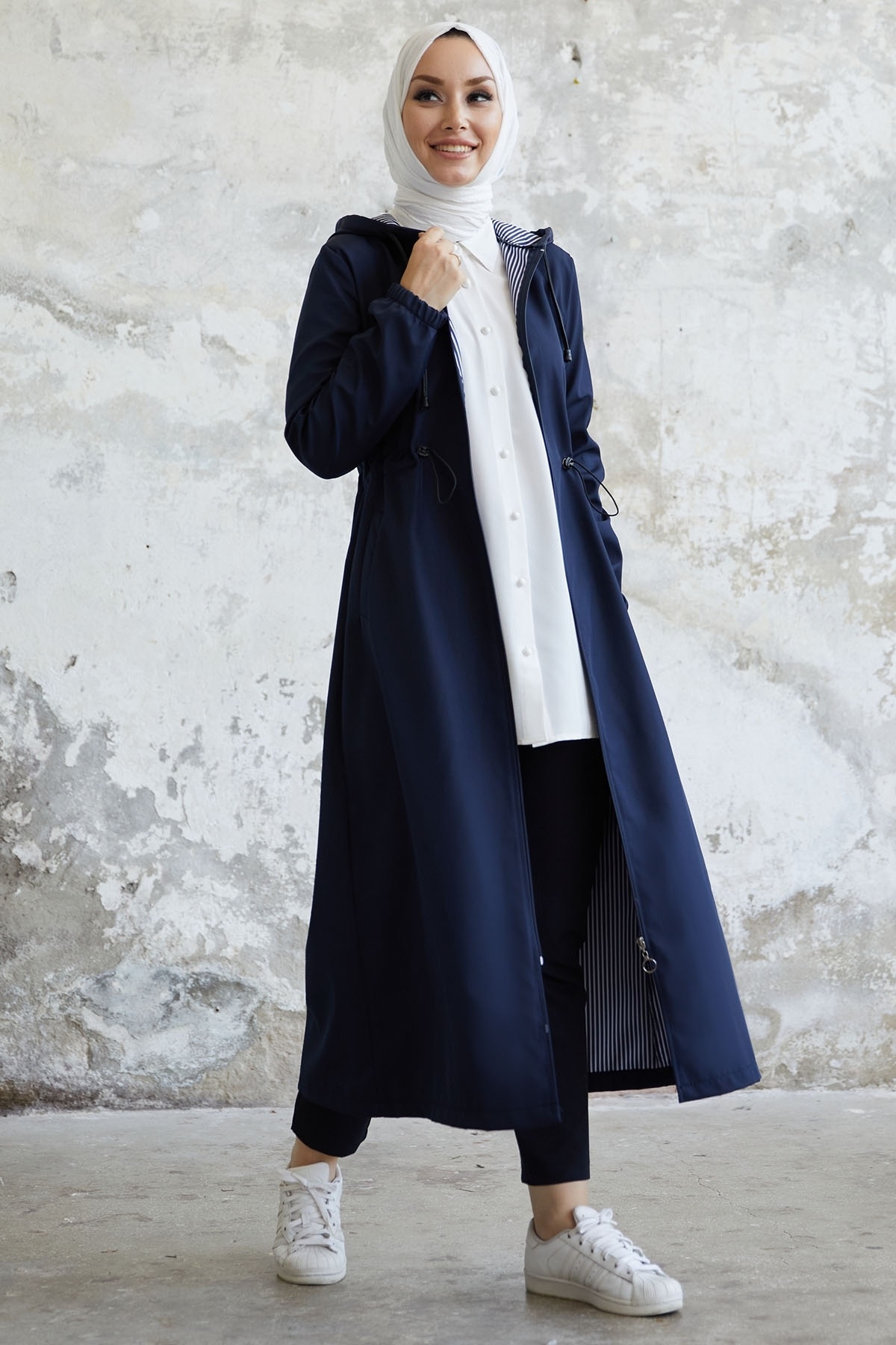 InStyle-Layisa Striped Patterned Gathered Waist Trench - Navy Blue 4