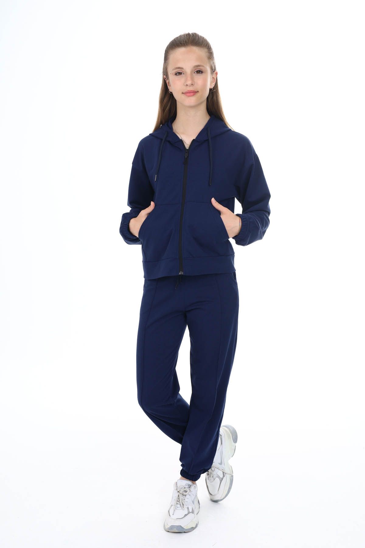 Girls navy blue tracksuit cheap