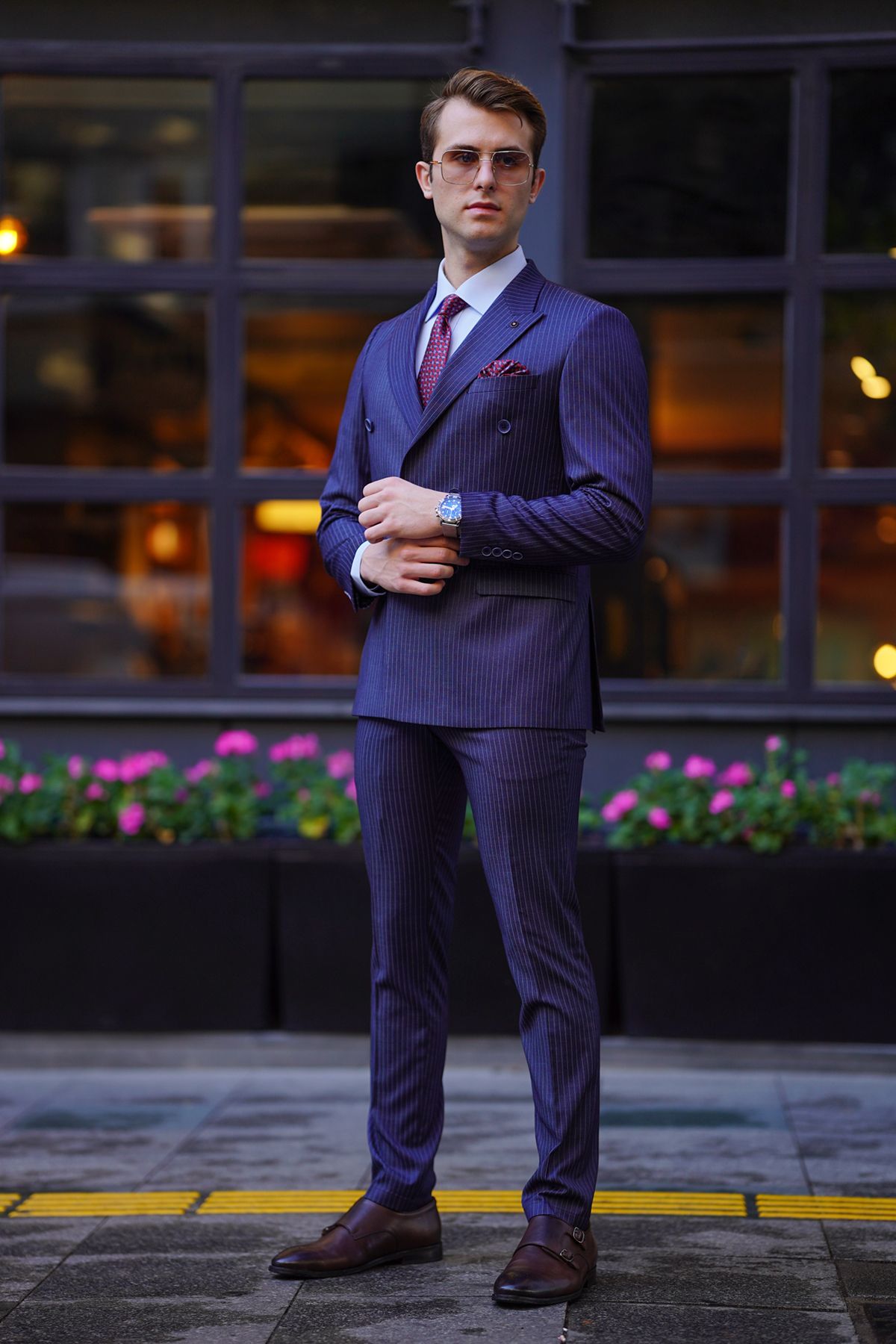 NAZEF Slim Fit Striped Pointed Collar Double Breasted Navy Blue
