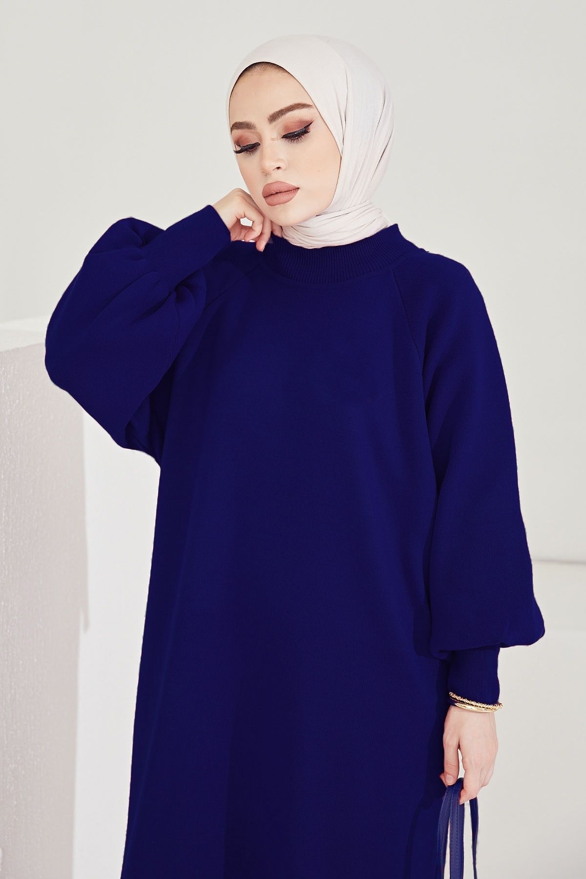 InStyle Mina Balloon Sleeve Knitwear Hijab Dress Navy Blue Trendyol
