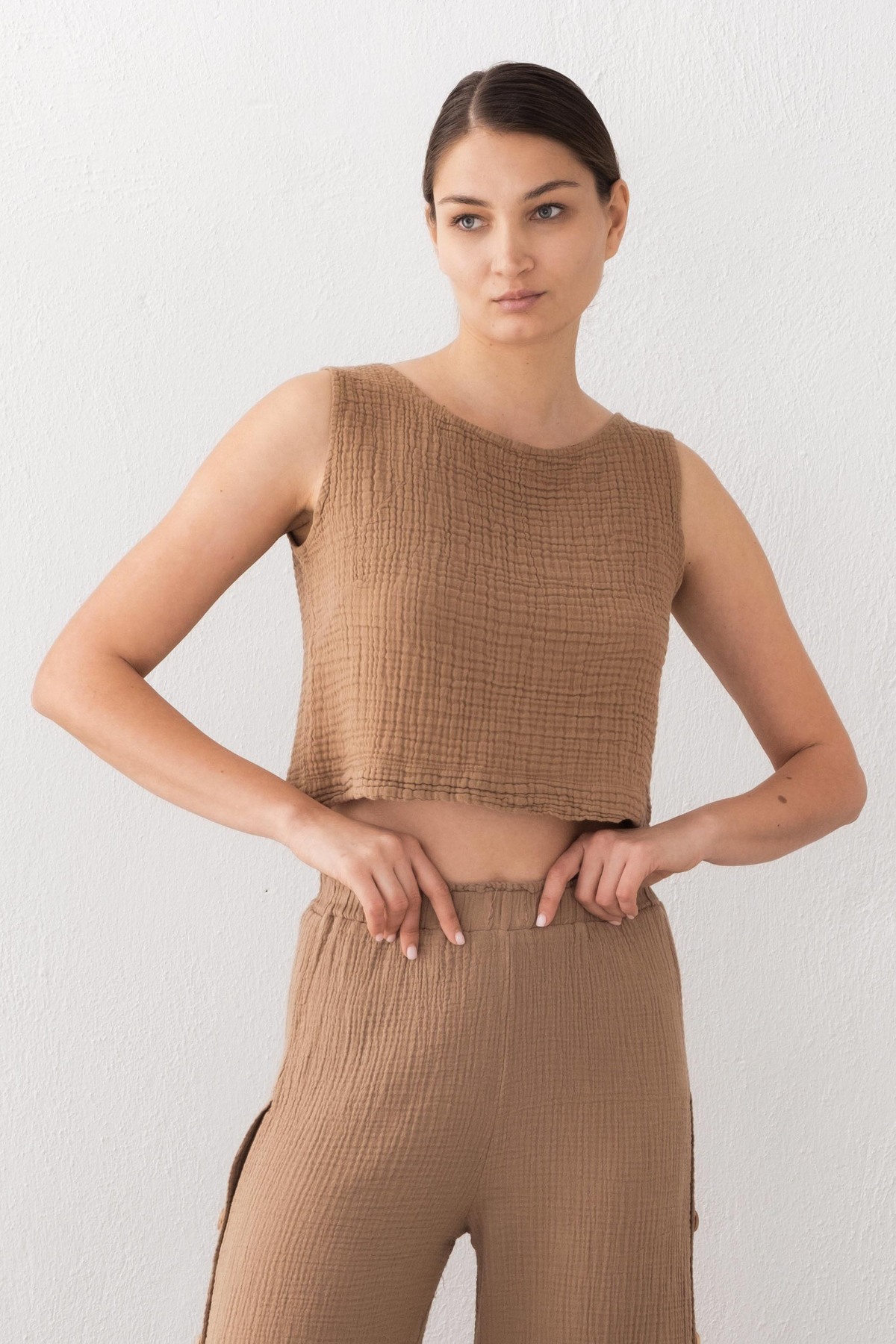 | 100% Cotton | Muslin | Boat Neck | Crop | Blouse | Coffee
