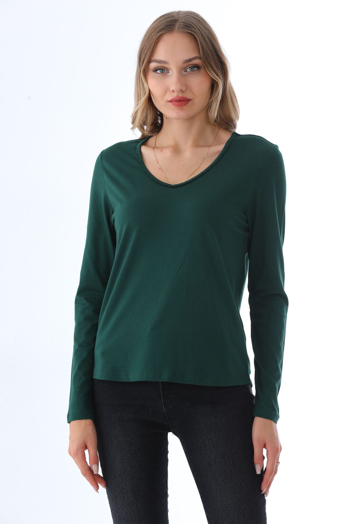 penyebizden Women s Modal V Neck T Shirt Green Trendyol