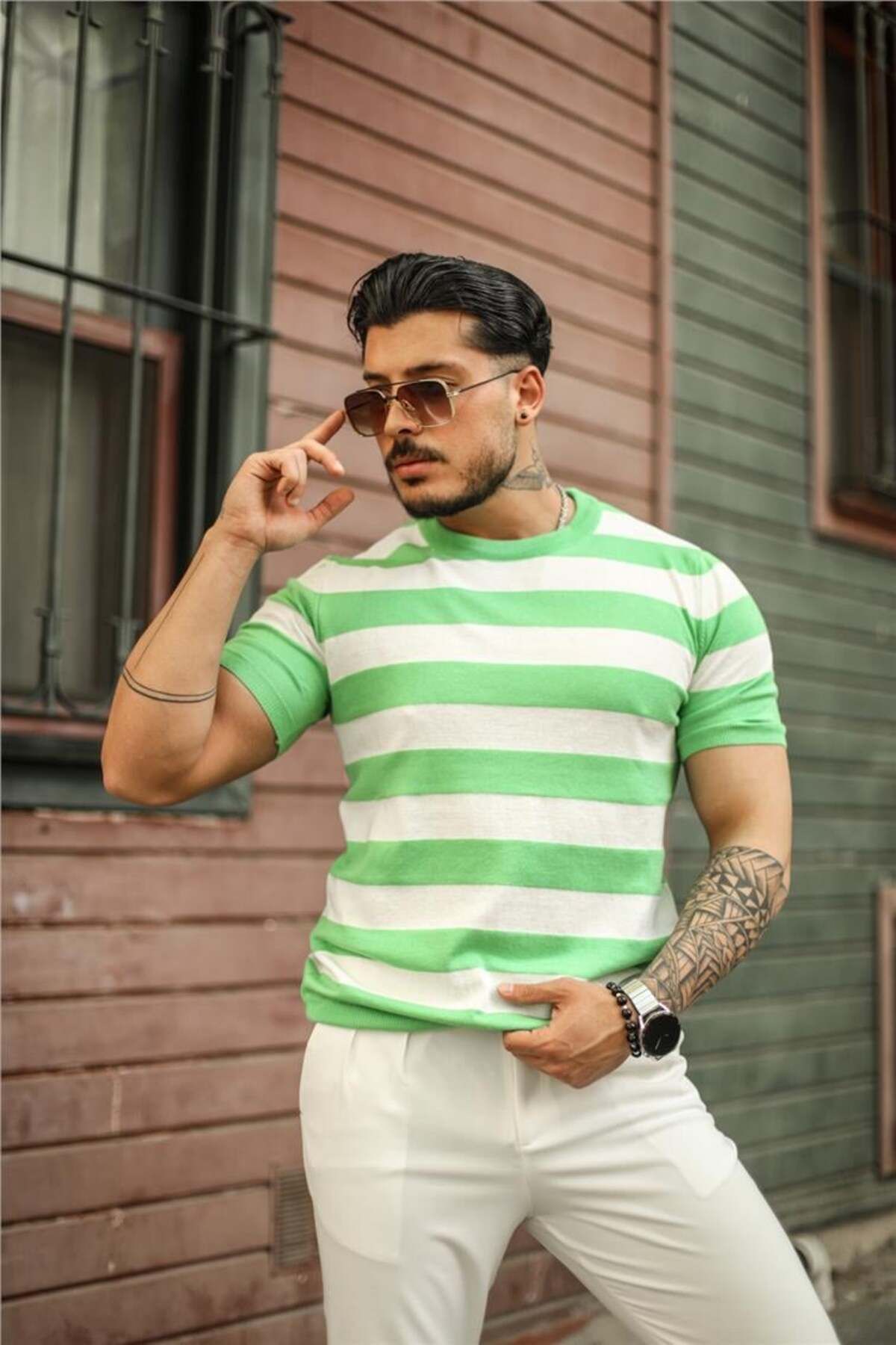 Tarz Cool Men s White Green Striped Regular Fit Knitwear T Shirt