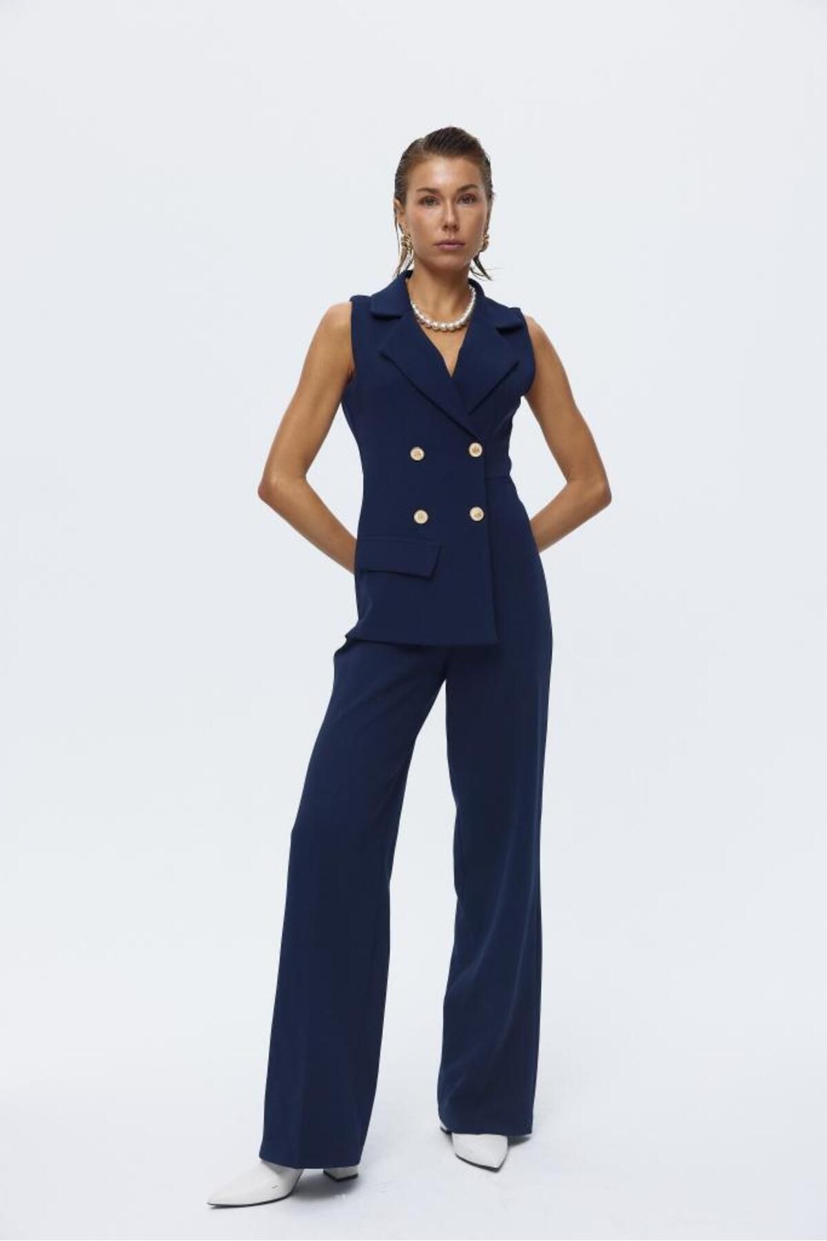 Laluvia Navy Blue Gold Button Detailed Jumpsuit Trendyol