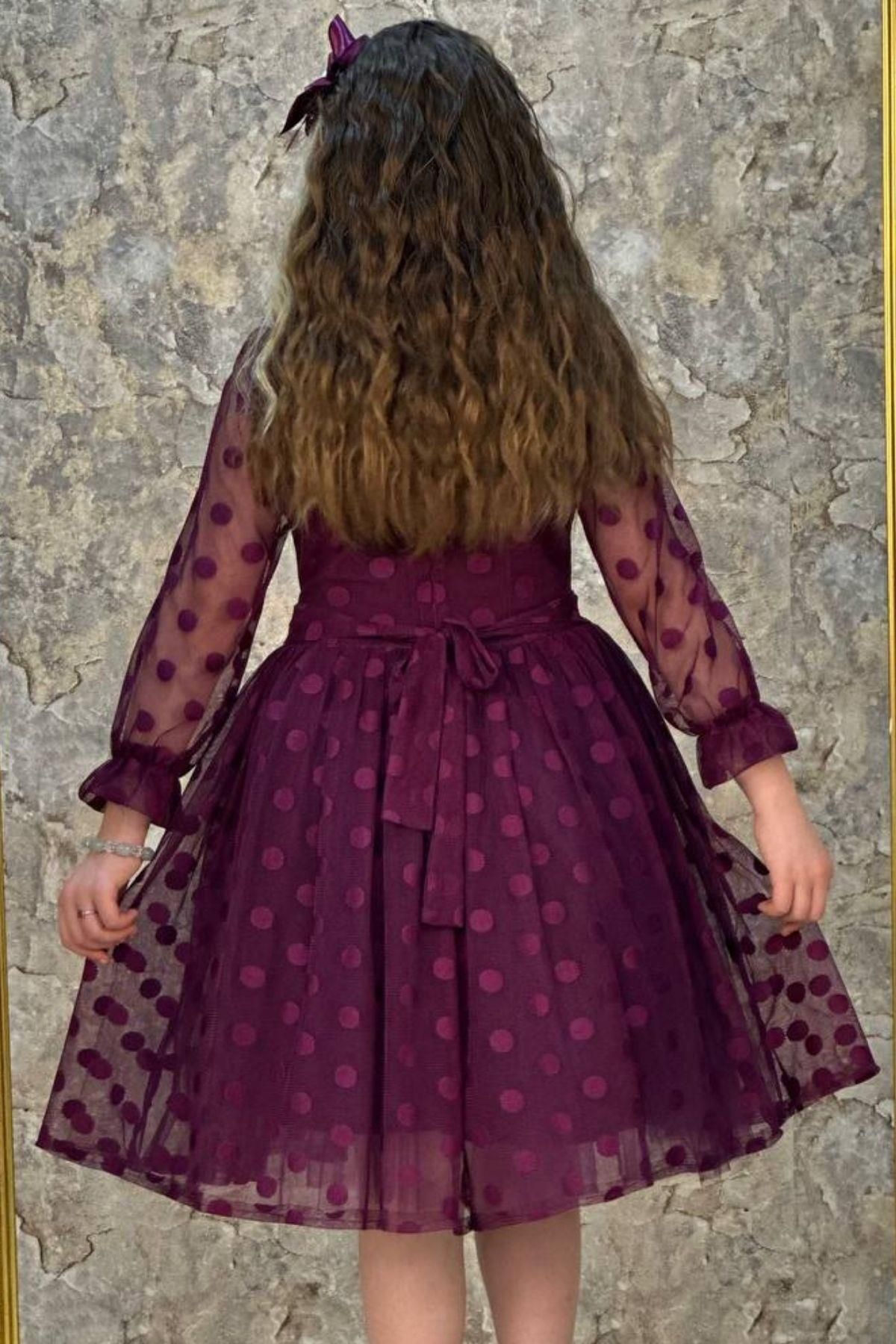 Riccotarz-Girl's Purple Dress with Transparent Sleeves, Polka Dots and Sash Detail 4