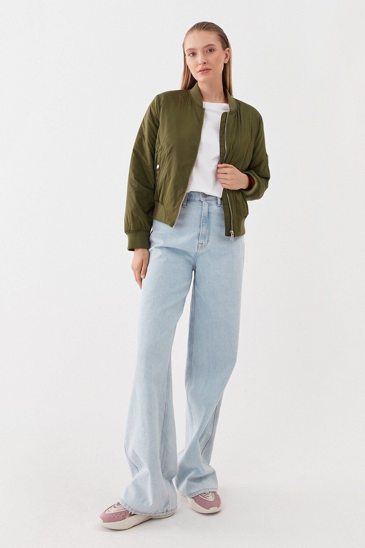 Zara green sale cropped bomber jacket