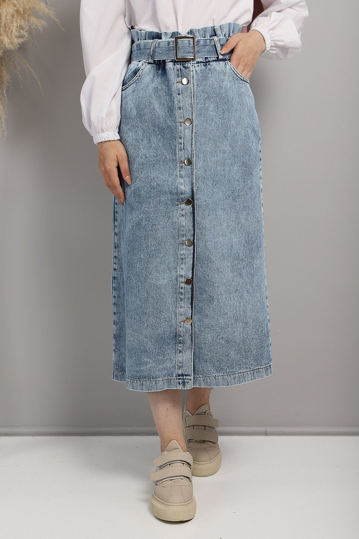 Belted a-line midi denim skirt clearance