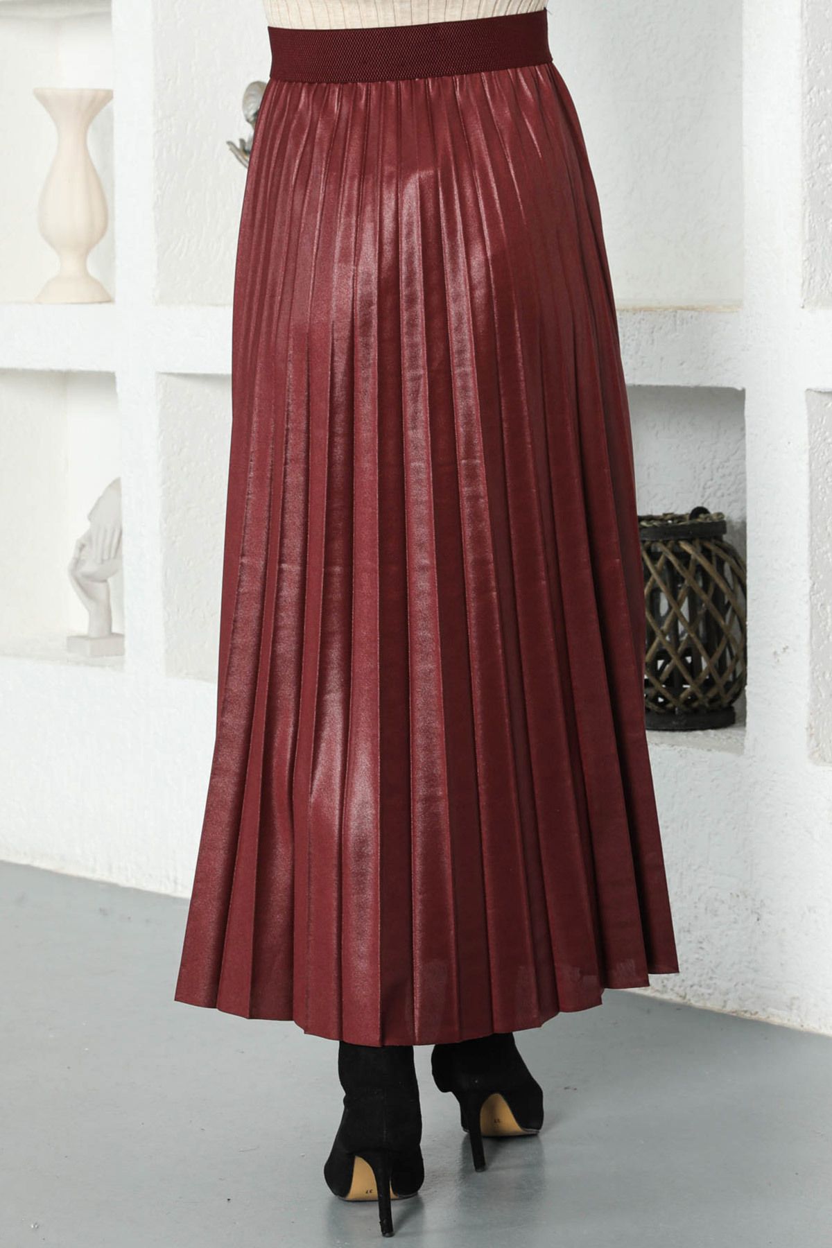 Tesett r D nyas Leather Look Pleated Skirt Tsd221001 Claret Red