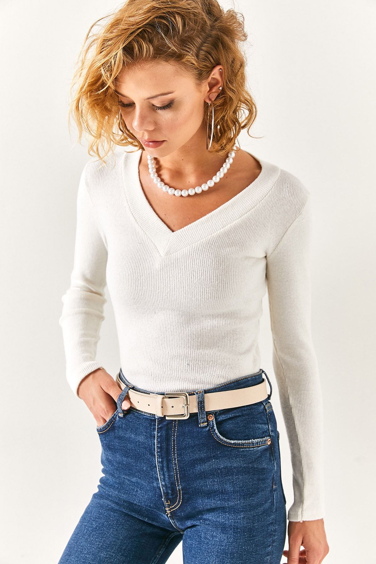 Olalook-Women's Ecru Thick Banded V-Neck Raised Blouse BLZ-19002387 4