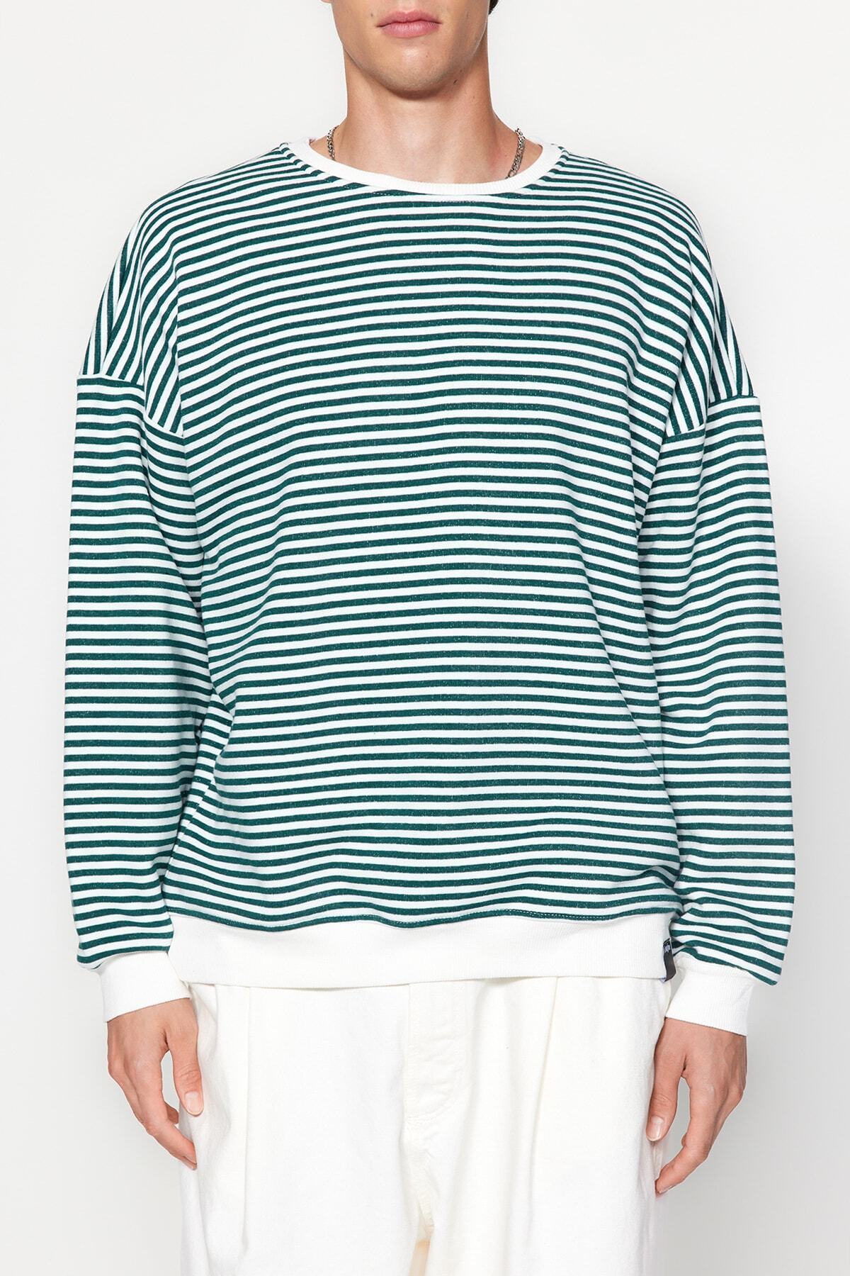  trendyolmilla man ye?il oversize/geni? kesim çizgili içi polar/s?cak tutan sweatshirt