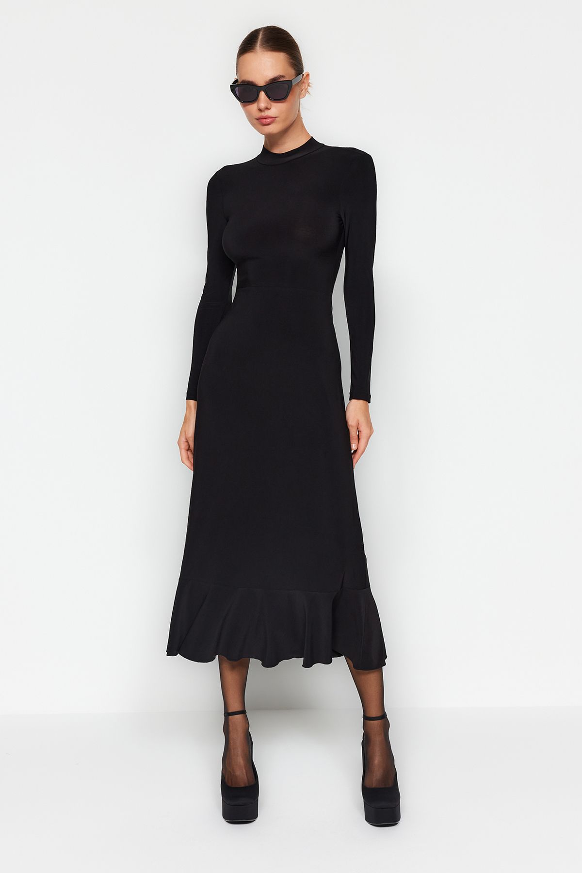 Trendyol Collection-Rochie maxi tricotată elastică - decolteu cu spatele, fustă cu volan, guler vertical - TWOAW24EL00380 2
