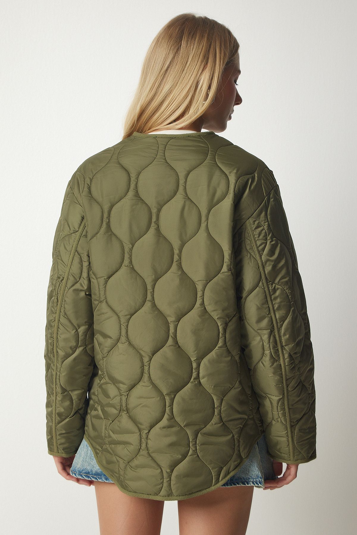 Happiness İstanbul-Dámská khaki oversize prošívaná bunda s kapsami DZ00098 6