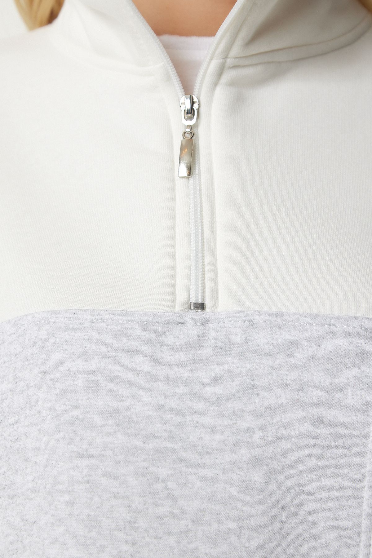 Happiness İstanbul-Women's Gray Light Green Zippered Collar Ribbed Knitted Crop Sweatshirt NJ00130 5