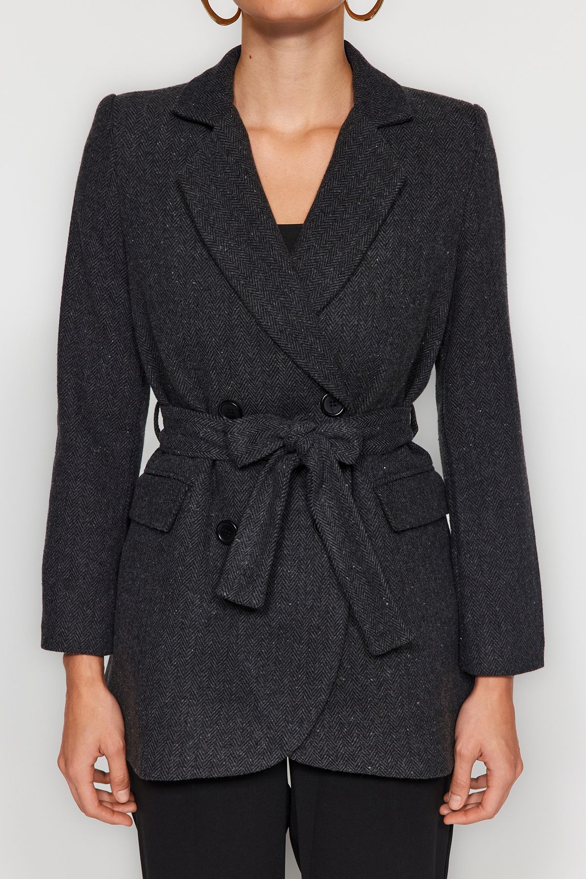 Trendyol Collection-Schwarzer, regulärer, gewebter Blazer mit Krawattendetails TWOAW24BC00017 5