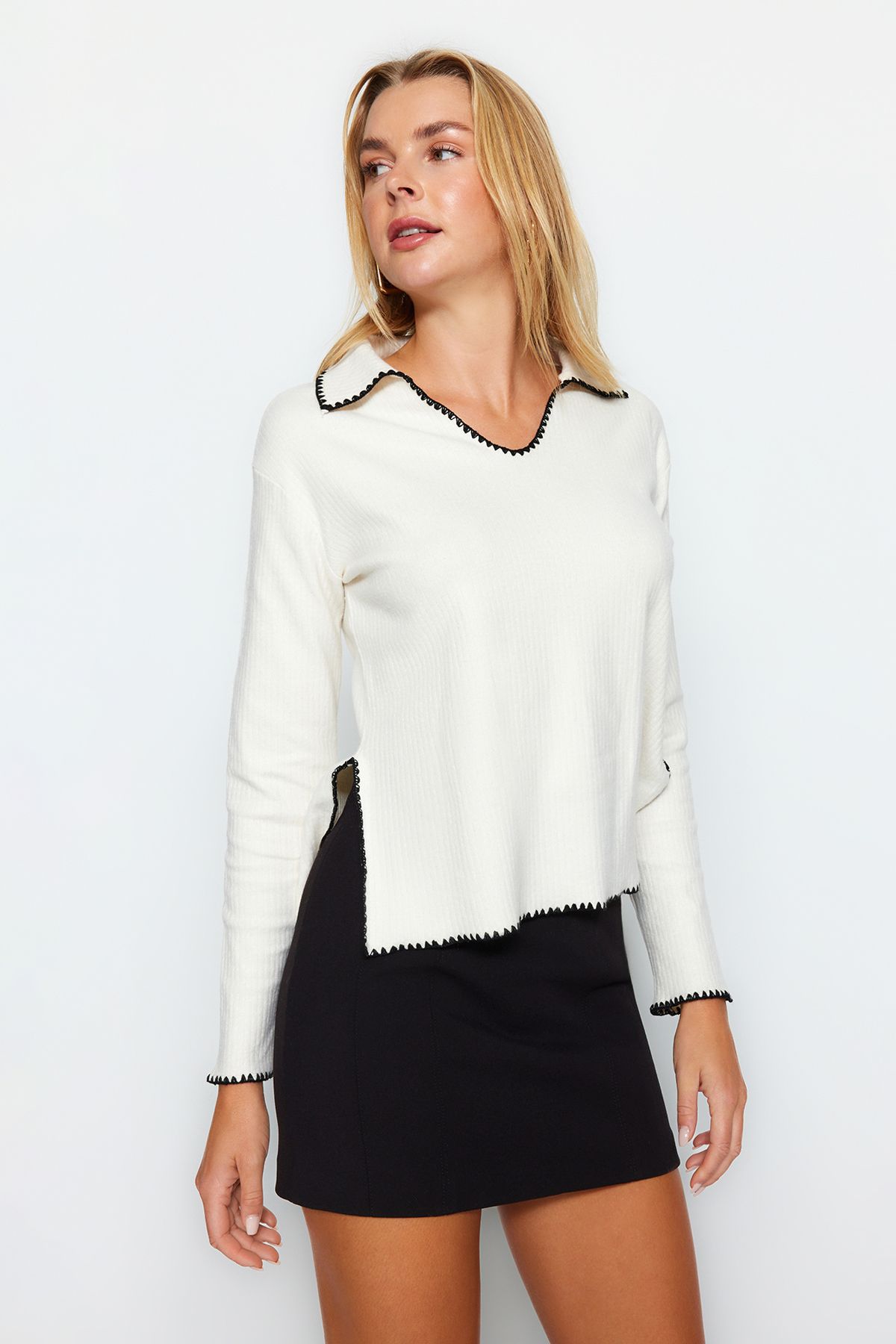 Trendyol Collection-Ecru Crochet Embroidery Detailed Corded Shirt Collar Regular Fit Knitted Blouse TWOAW24BZ00398 2