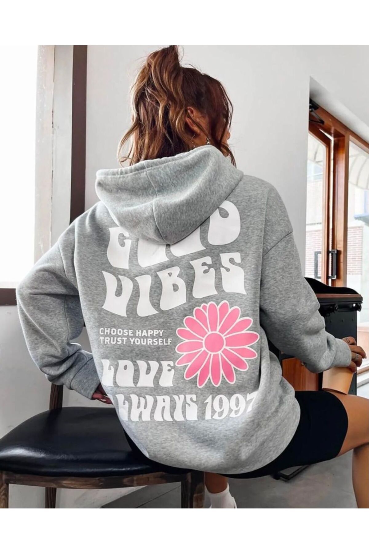 BE QUEEN SPECIAL PRODUCTION GOOD VIBES PRINTED HOODED 100% COTTON WOMEN'S  SWEATSHIRT