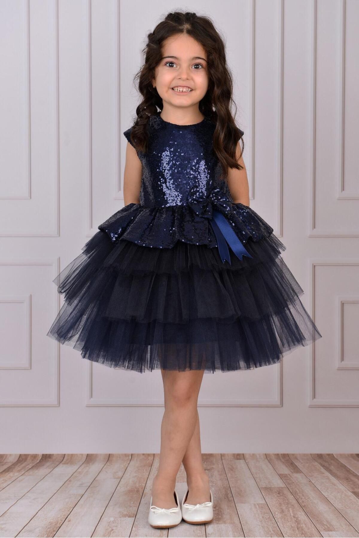 Mixie-Rochie de seara din tul bleumarin pentru fete, rochie de petrecere si ziua de nastere 3