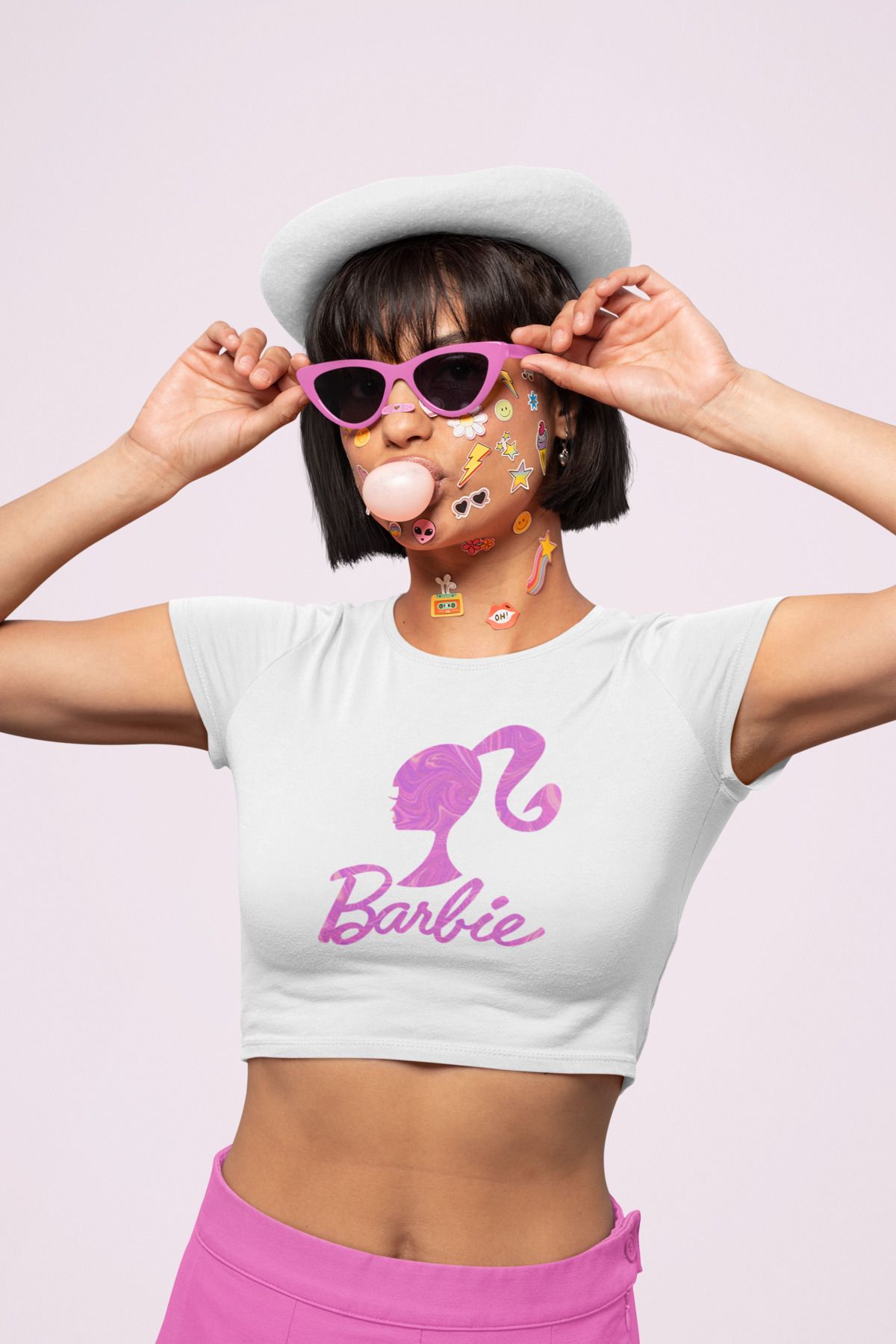 Fuddy Moda Purple Patterned Barbie Crop Top Barbie Written White
