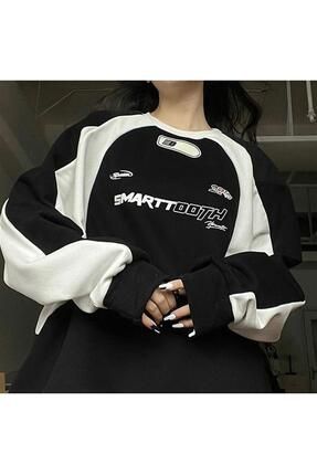 Touz Y2K Streetwear Smarttooth Bask l Lacivert Unisex Oversize Bisiklet Yaka Sweatshirt
