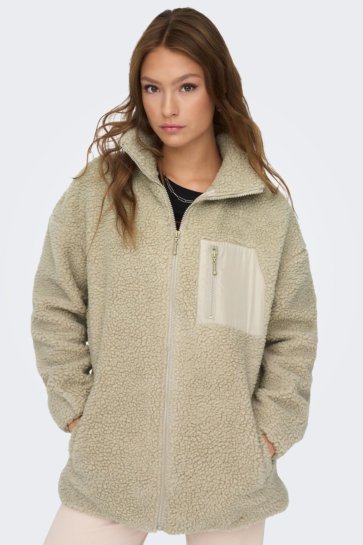 Only Onltracy Zippered Closure Drop Shoulder Pocket Regular Fit Teddy Fleece Coat COAT