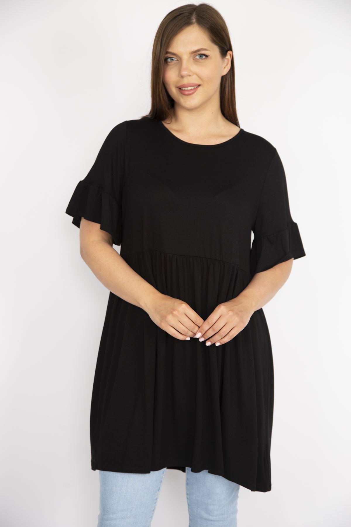 Şans-Schwarzes Tunikakleid für Damen in Übergröße mit Rundhalsausschnitt, geraffter Taille und Schwungradärmeln 65n36710 5